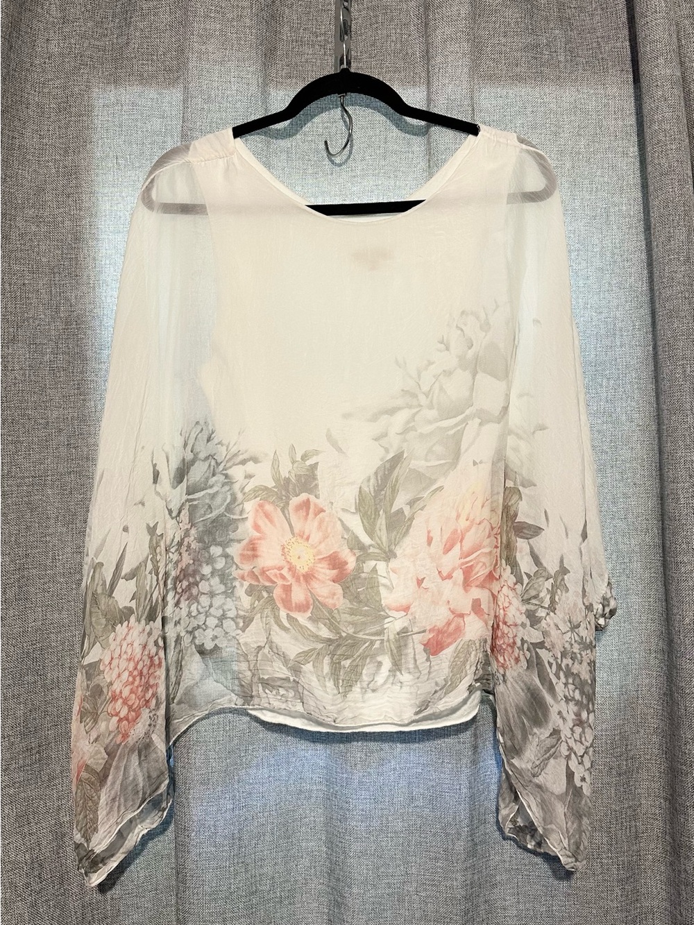Guisy 100% Silk Semi Sheer Floral Poncho Crop Top Cream with Pink Made in Italy